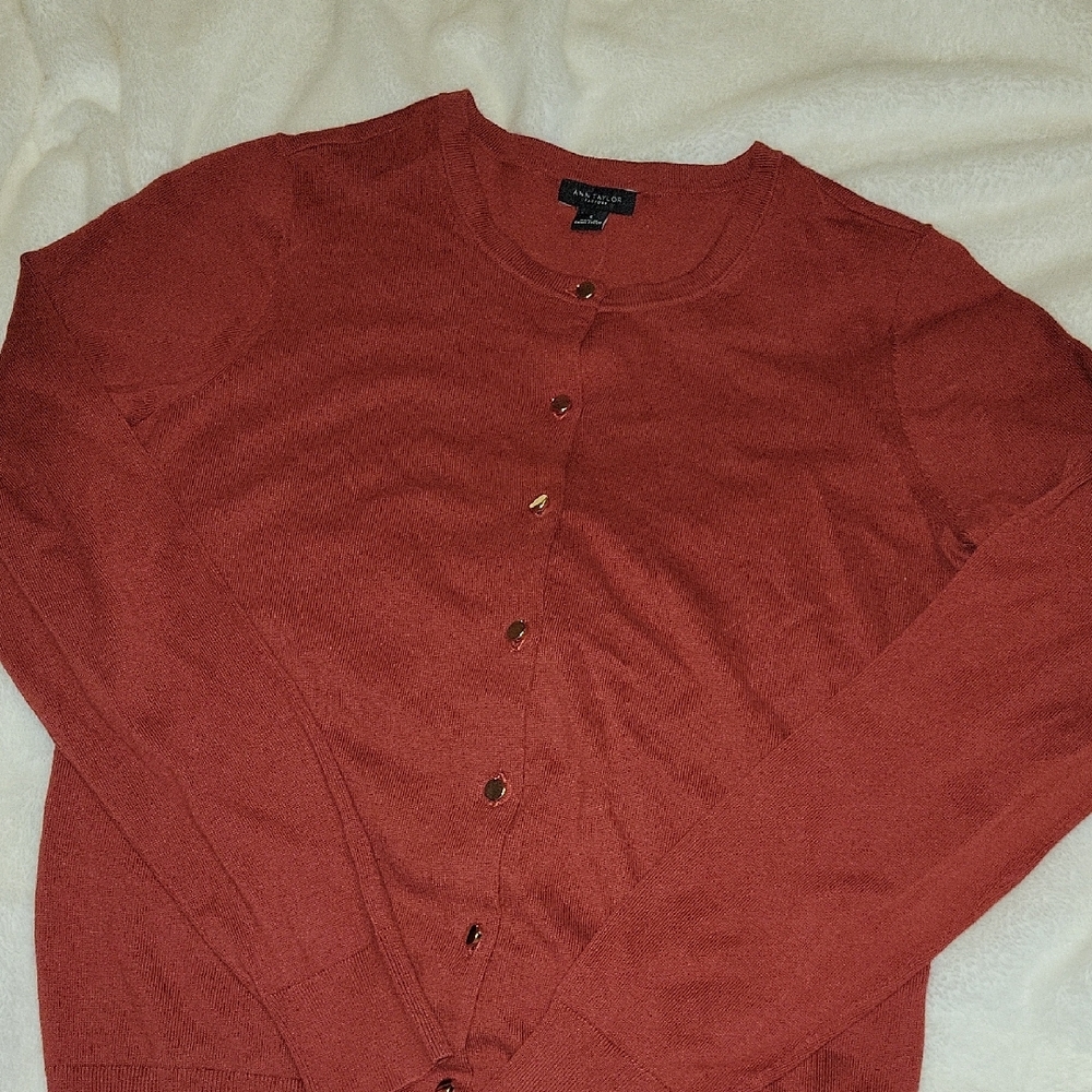Ann Taylor Rich Red Cardigan with Gold Accents